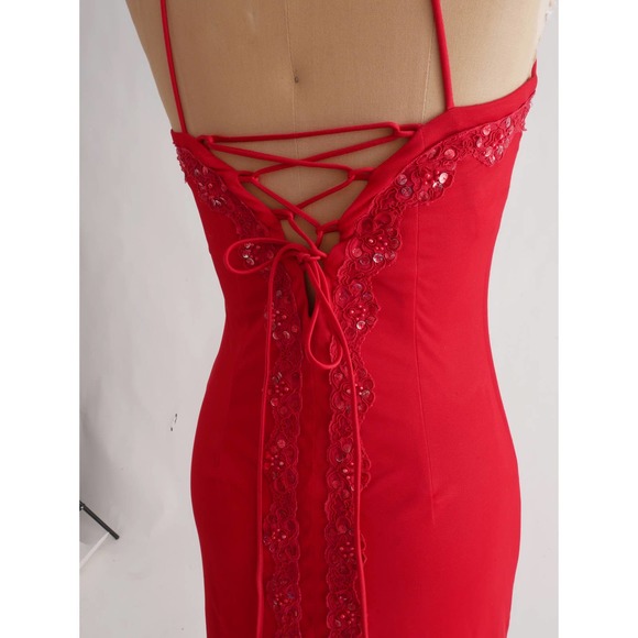 fairycore halter dress | Vintage slip dress gown cherry red corset back S - Picture 6 of 10